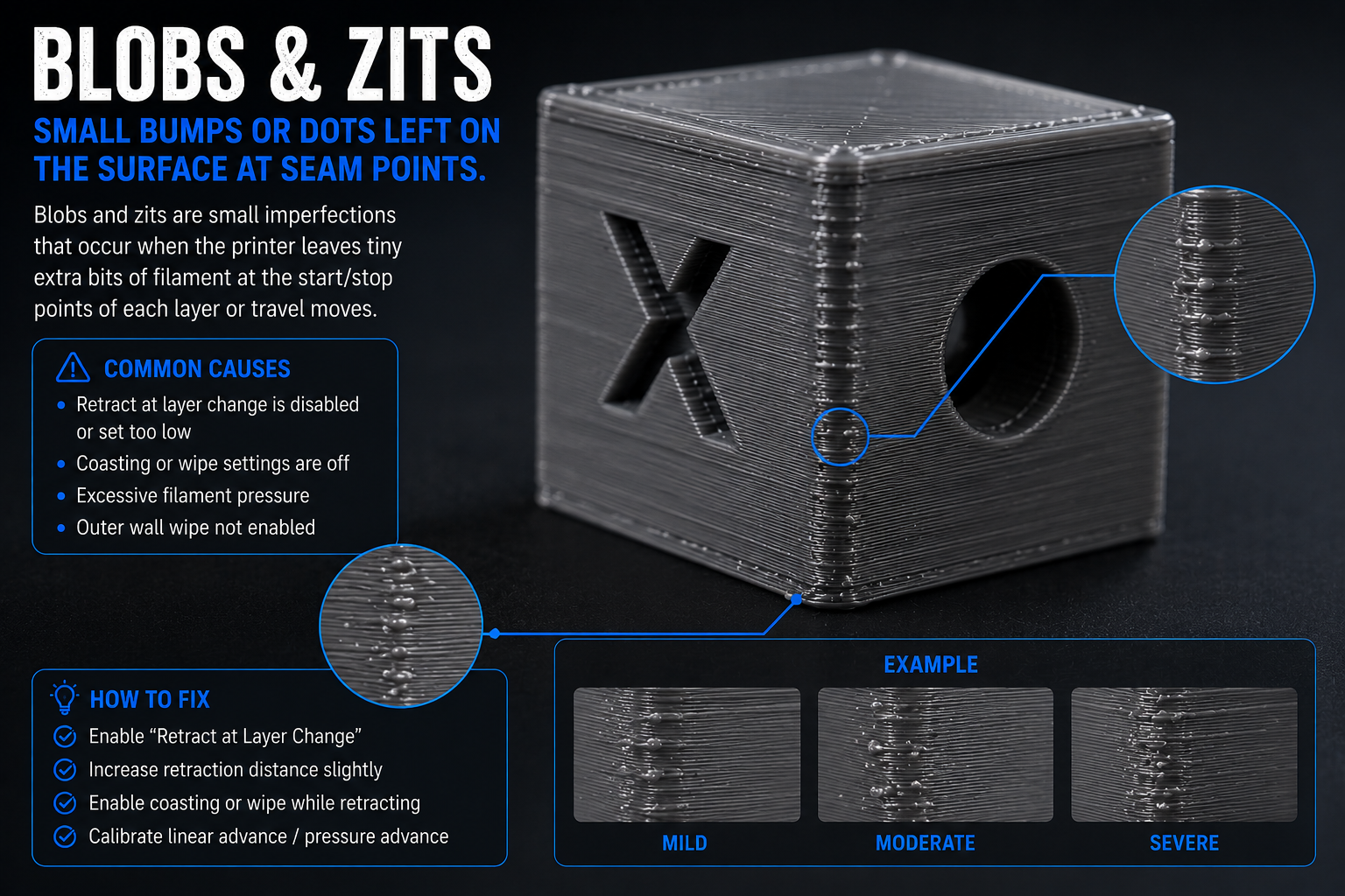 Example of Blobs & zits on a 3D print