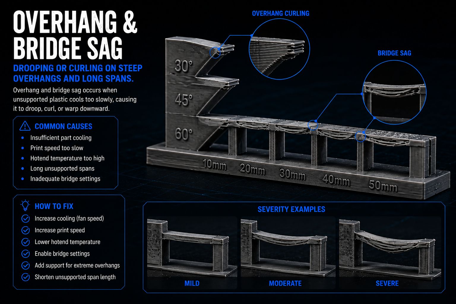 Example of Overhang & bridge sag on a 3D print